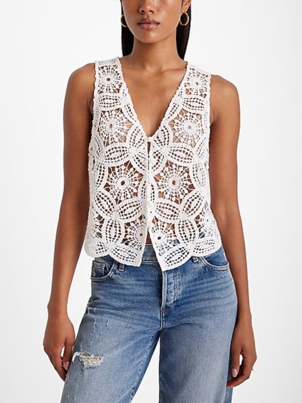 Express White Crochet Openwork V-Neck Top